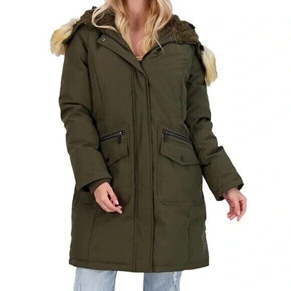French Connection Women's Hooded Faux Fur Trim Parka Loden Extra Small NWT - Picture 1 of 10